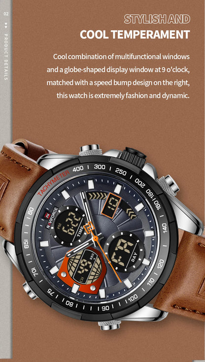 NAVIFORCE 2021 - Reloj deportivo para hombre, resistente al agua, con pantalla dual, luminoso, de cuarzo y cuero genuino, masculino
