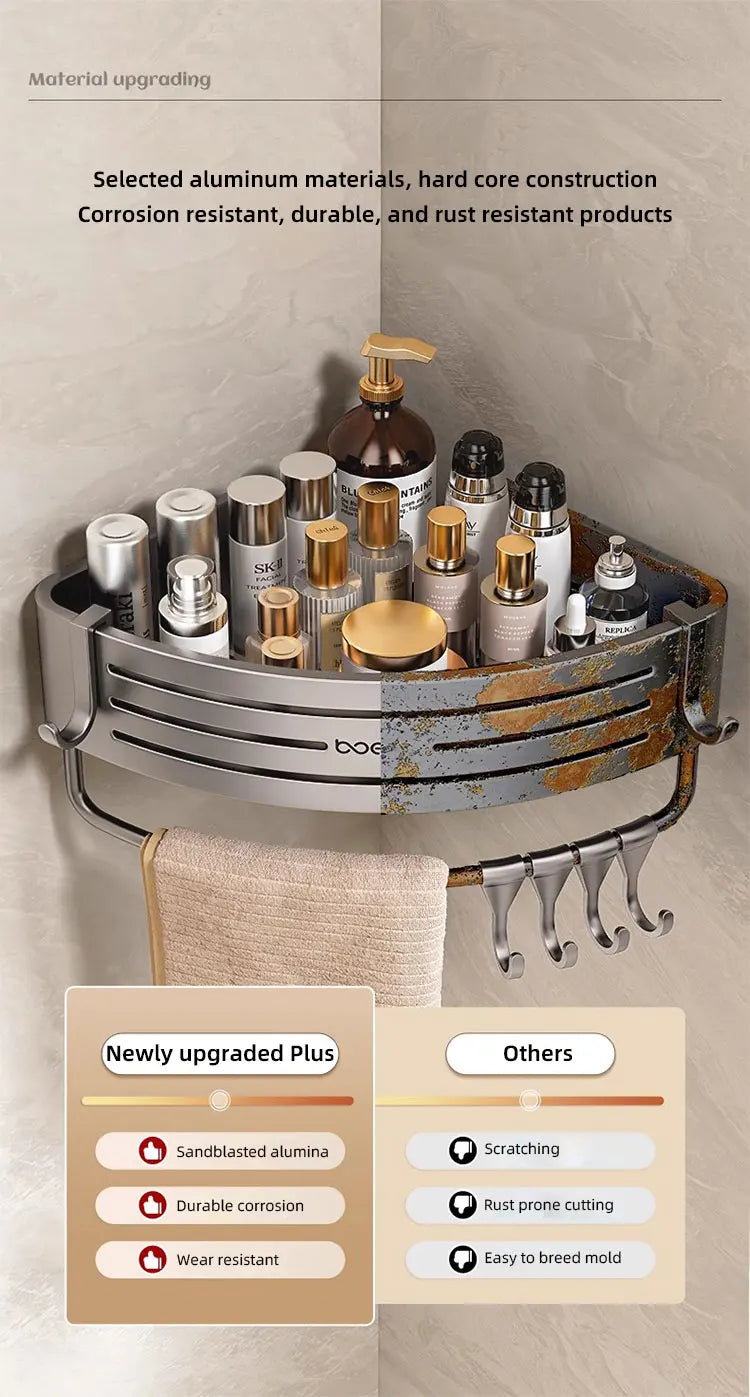 No Drill Bathroom Corner Shelf Wall Mounted Shower Corner Shelves with Hook Towel Bar Space Aluminum Bathroom Organizer Rack