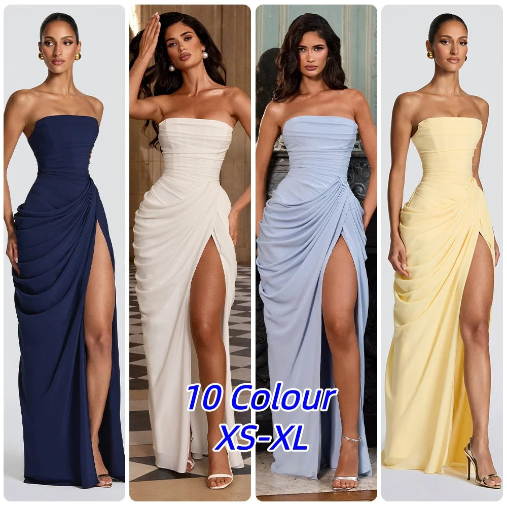 Sexy Solid Pleated Strapless Dress Lady Chic Off-shoulder Backless High Waist Split Dresses Women 2026 New Evening Party Gown