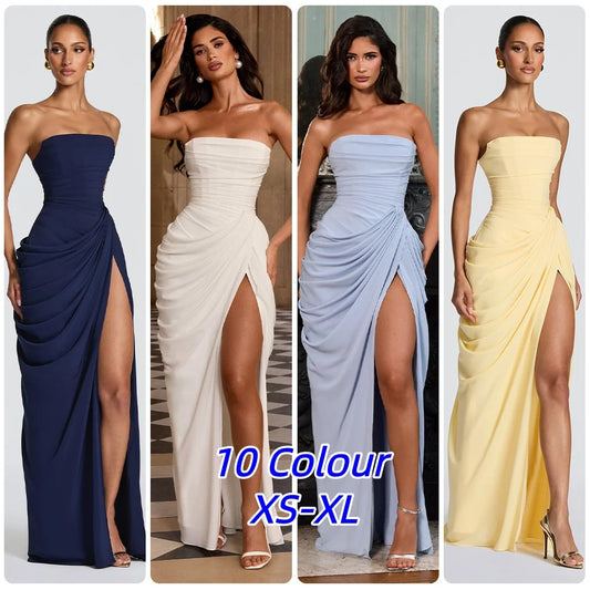 Sexy Solid Pleated Strapless Dress Lady Chic Off-shoulder Backless High Waist Split Dresses Women 2026 New Evening Party Gown
