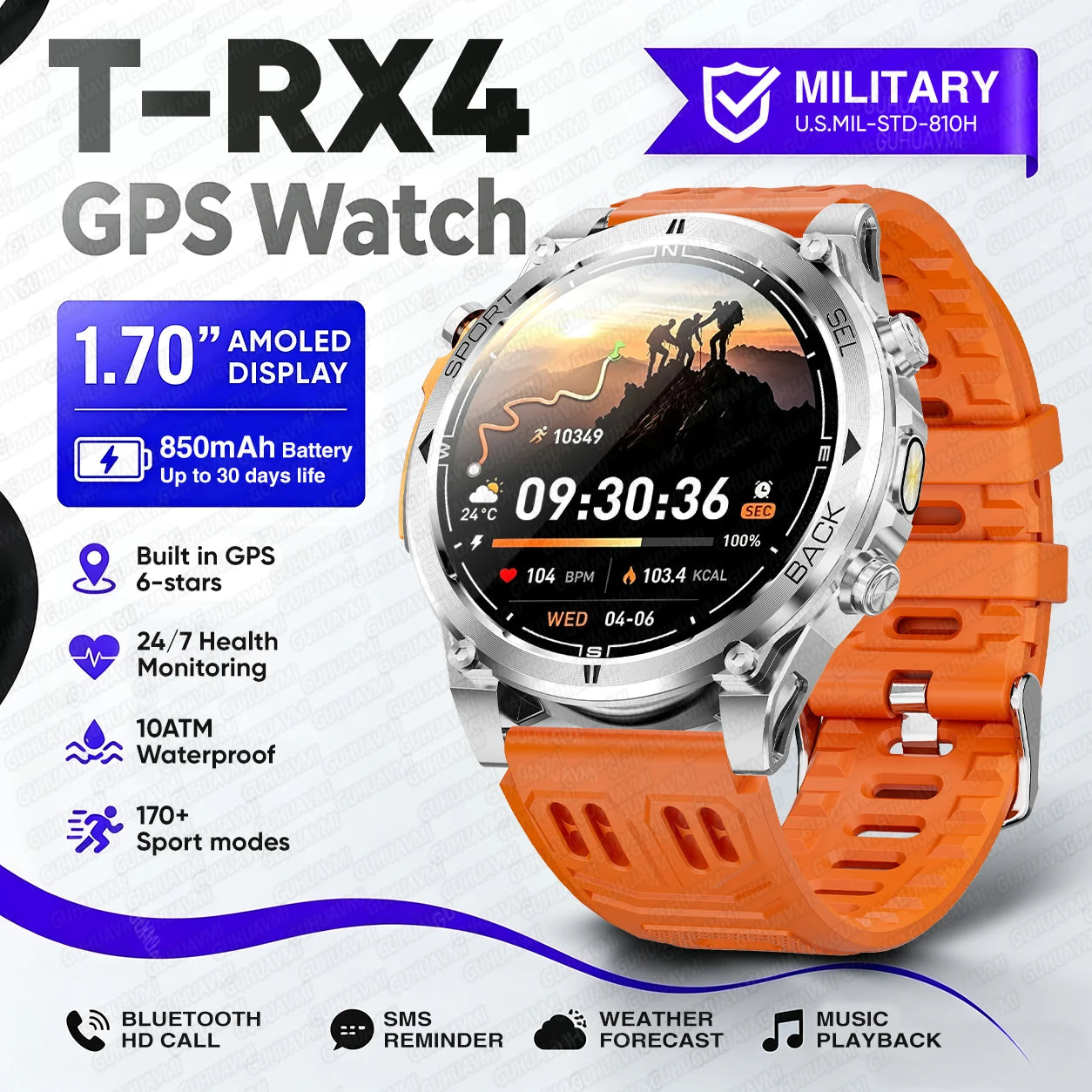 Novo Smartwatch Masculino T-RX4 Ultra GPS 2026 – Posicionamento GPS de 6 satélites, resistência à água 10ATM, bateria de 850mAh, bússola e mais de 170 modos esportivos.