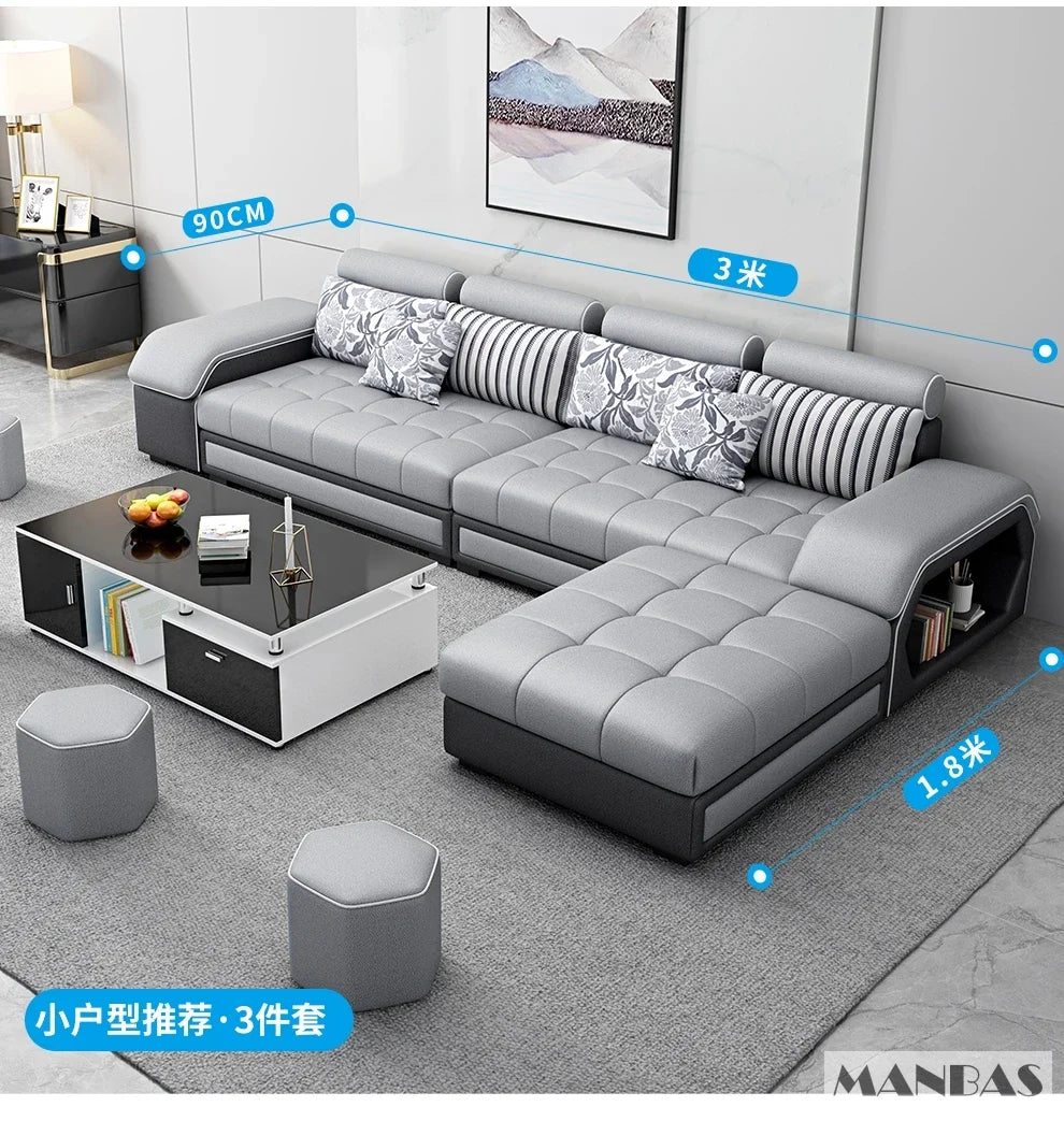 Linlamim Fabric Sofa Set Furniture Living Room Sofa Set with USB and Stools / Big U Shape Cloth Couch Sofas for Home Furniture