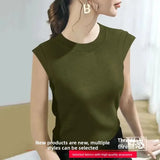 Summer Ice Silk Loose Fashionable Simple Pure Color round Neck Fly Sleeve T Shirt Women Short Sleeve Simple Style Crew Neck