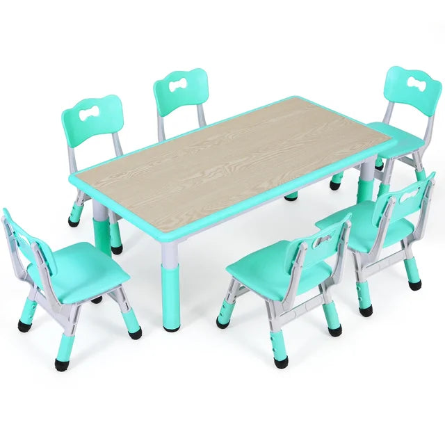 Mesa infantil retangular com conjunto de 6 cadeiras, conjunto de mesa multiactividade para crianças com altura ajustável, mesa de artes e ofícios para meninas, 2 a 10 anos