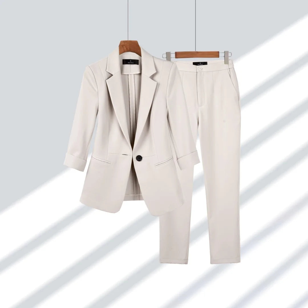 Professional Suit Women's 2024 Spring/Summer New Short 7 Split Sleeve Solid Color Suit Premium Temperament Suit Two Piece Set
