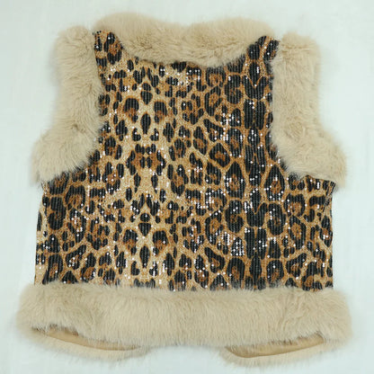 CM.YAYA Conjunto de mujer sin mangas de piel de leopardo con lentejuelas, cuello en V, chaleco de lana y pantalón, conjunto de 2 piezas Street Two 2024, chándal