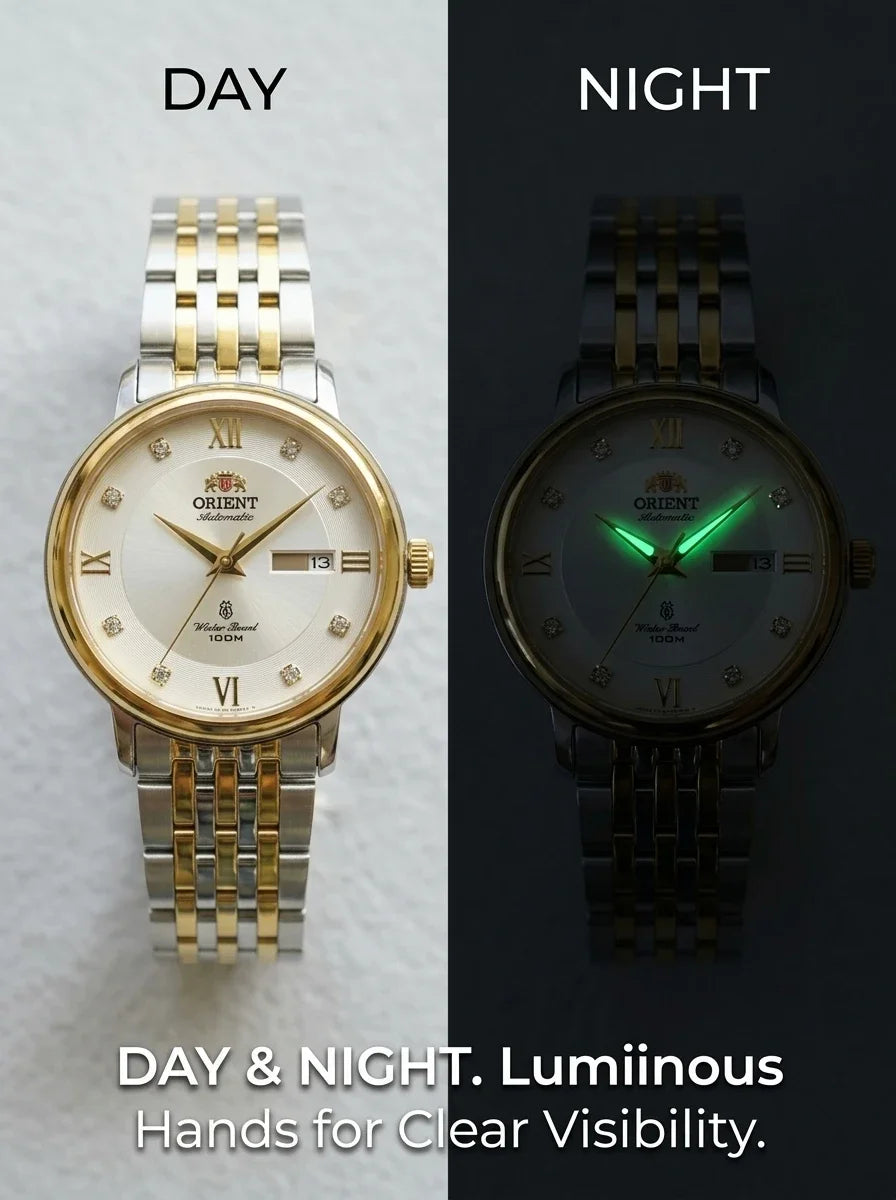 Relógio feminino automático bicolor calendário duplo em aço inoxidável