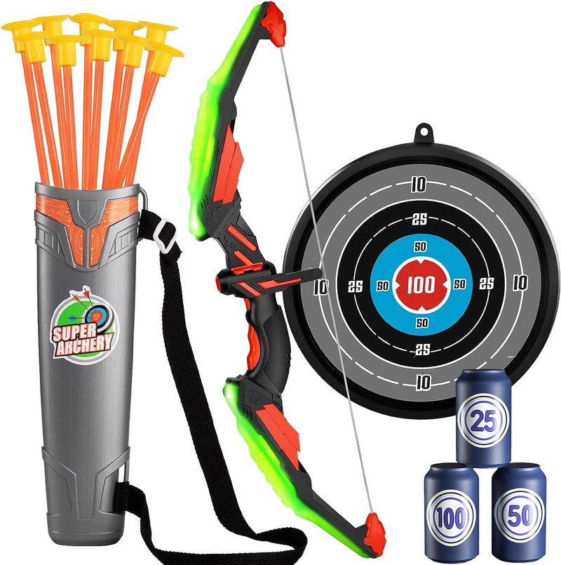 LED Light Up Bow and Arrow Set for Kids, Archery Toys, Ages 4-8-12, with 10 Suction Cup Arrows, Target and Quiver, Boys 