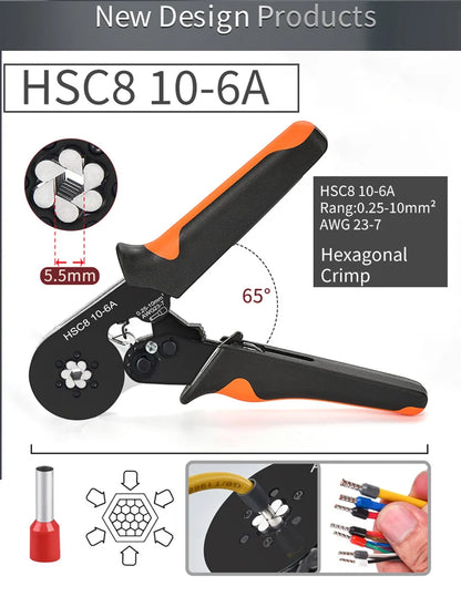 Kit de crimpadora de casquillos hexagonales autoajustables con trinquete, 23-7 AWG, 0,25-10 mm², con terminales de cable y casquillos