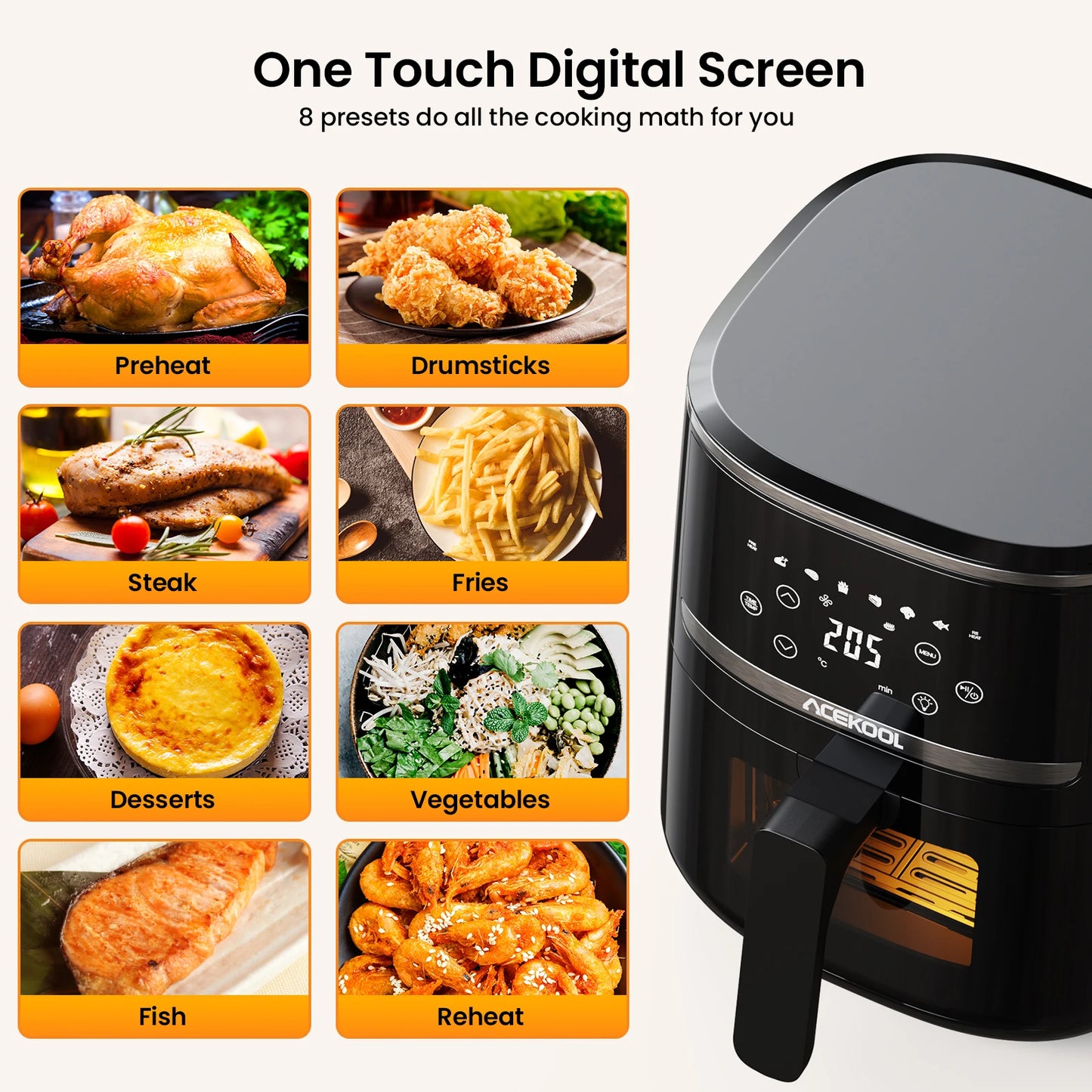 Horno tostador y freidora de aire con pantalla digital de 5 cuartos, 8 ajustes preestablecidos de cocción, cocina sin aceite, ventana visible y cesta apta para lavavajillas.