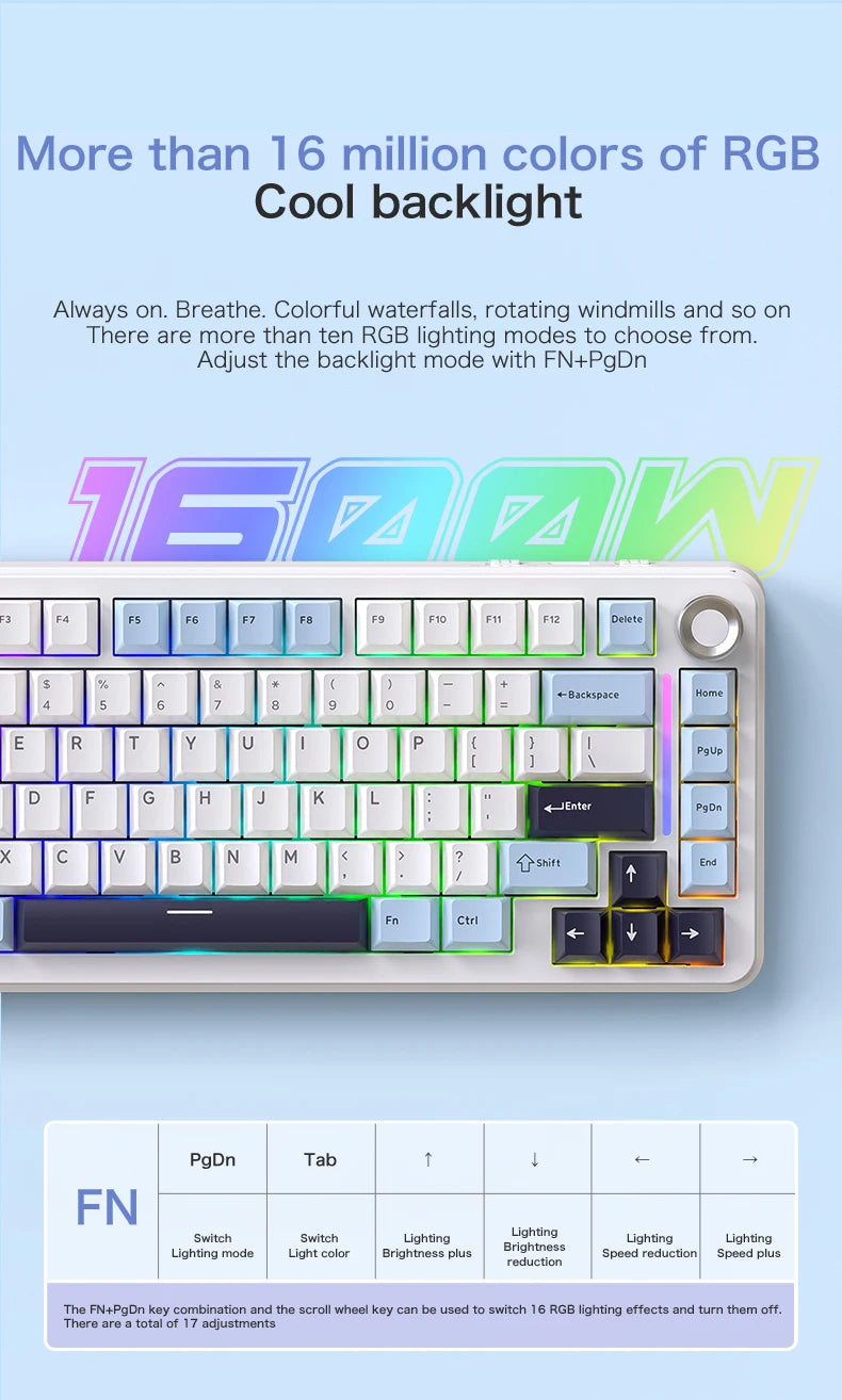 75% Hot-Swap Gaming Keyboard, Wireless FREEWOL F75 RGB Mechanical Keyboard with Metal Knobs, AULA F75 Same Model, Tri-Mode, 4000 mAh