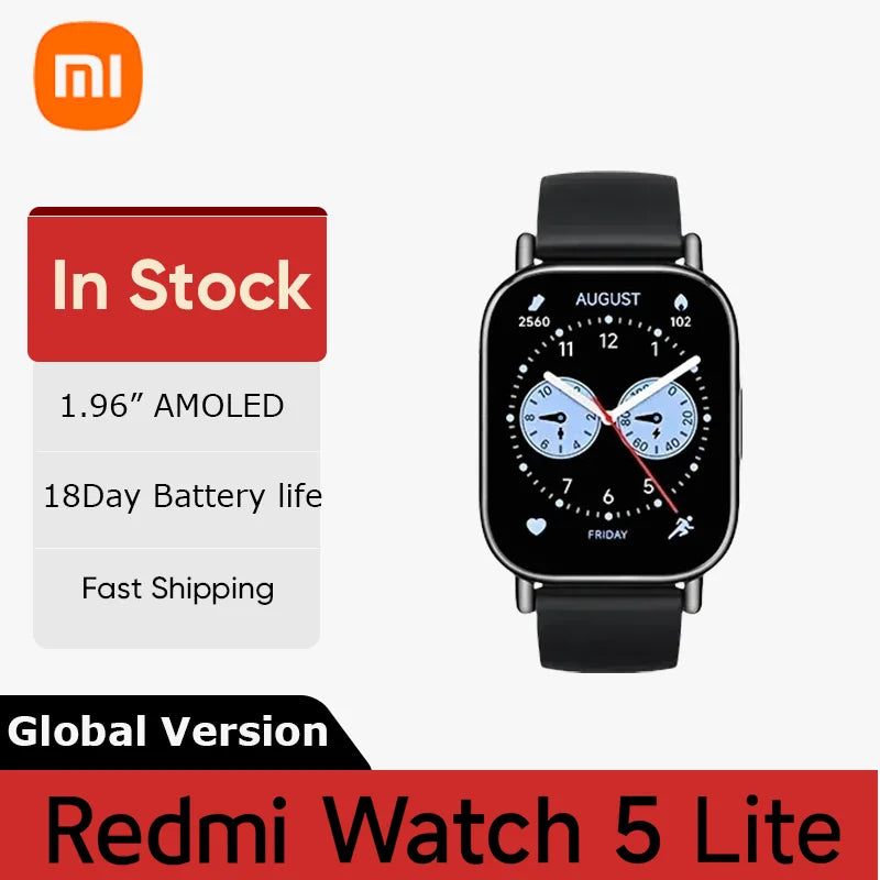 Global Version Xiaomi Redmi Watch 5 Lite 1.96'' AMOLED display 18-Day Battery life Built-in GNSS 5ATM Bluetooth® calling