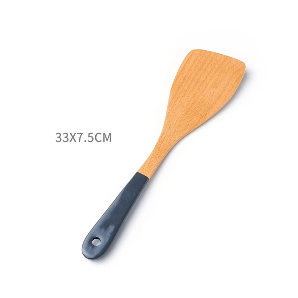 Espátula de madera con mango largo para cocinar, antiadherente, para saltear, resistente al calor, para el hogar, accesorio de cocina