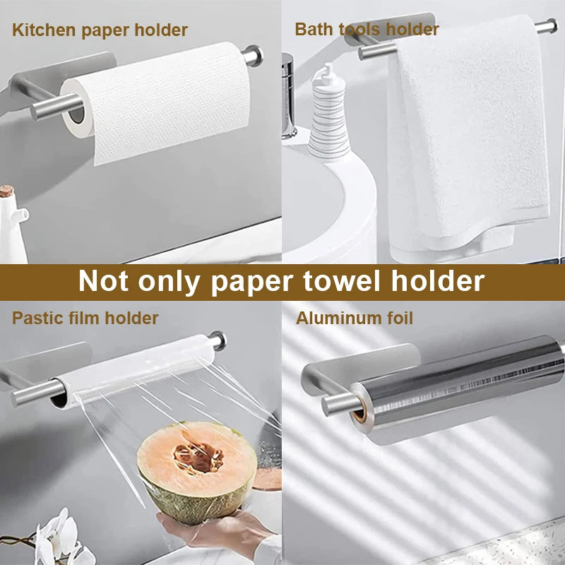 Soporte para papel de cocina de acero inoxidable, sin agujeros, cocina, baño, inodoro, estante de almacenamiento alargado, Portarrollos de papel higiénico adhesivo
