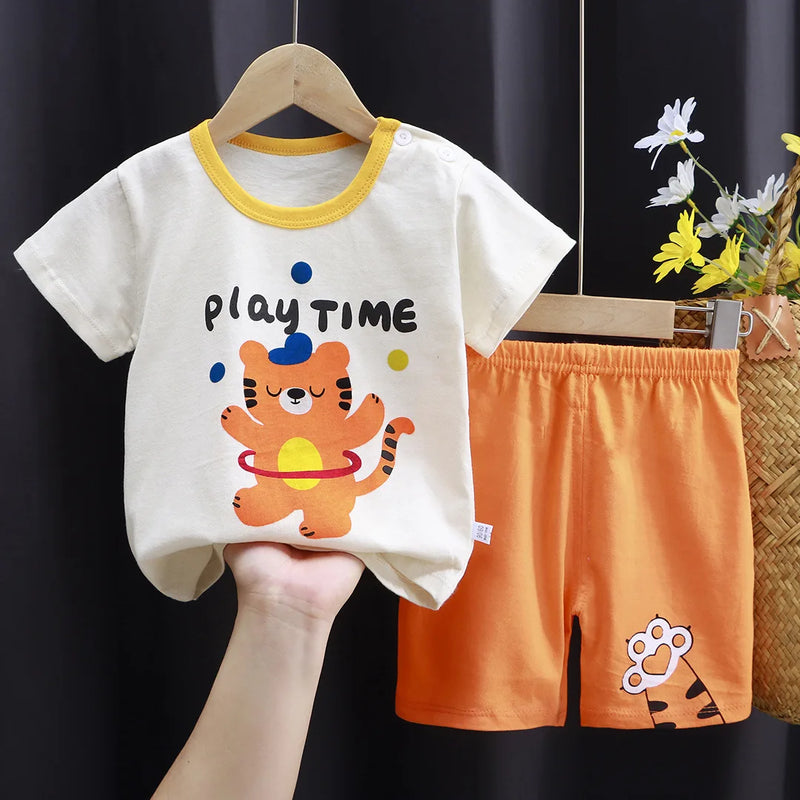 New Boys Summer Clothing Set Full Bear Print Cotton Short Sleeve T-shirts and Shorts 2PCS Breathable Outfit For Girls