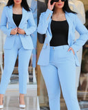 Conjunto de 2 piezas de ropa de oficina para mujer, chaqueta blazer de manga larga y pantalones pitillo de cintura alta, color liso