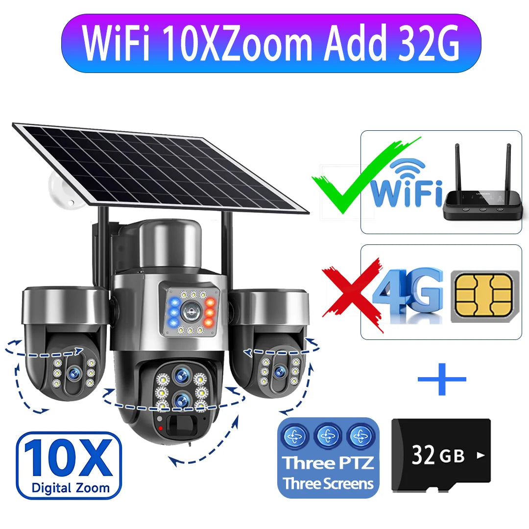 20MP 4G Sim Solar Camera WiFi 10X Optical Zoom 3-PTZ 4-Lens 3-Screens Outdoor Wireless Security Cameras Auto Tracking CCTV V380