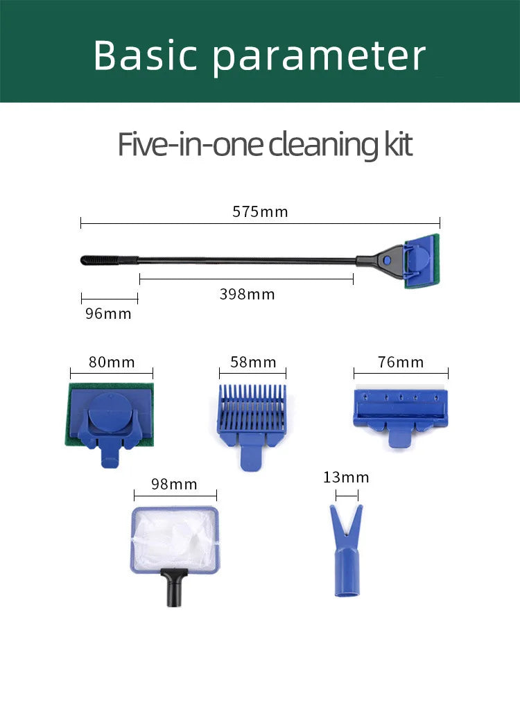 EW Fish Tank Glass Cleaning Brush Aquarium Tool Fishing Aquatic Grass Clip Algae Scraping Knife Long Handle Five-in-One Cleaning