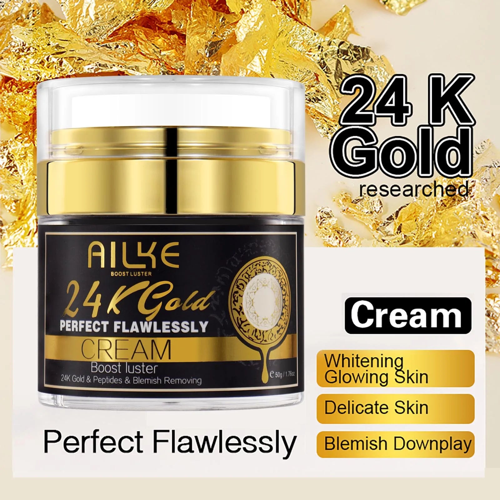 AILKE 24K Gold Flawlessly Skin Care Set, Whitening, Reduces Dark Spots, Pigmentation, Wrinkles, Moisturizes, For All Skin Types