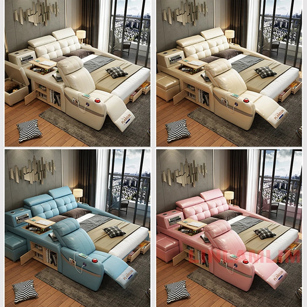 MINGDIBAO Massage Bed with Ultimate Comfort and Genuine Leather Multifunctional Frame - Bluetooth Speaker, Safe Air Cleaner, USB