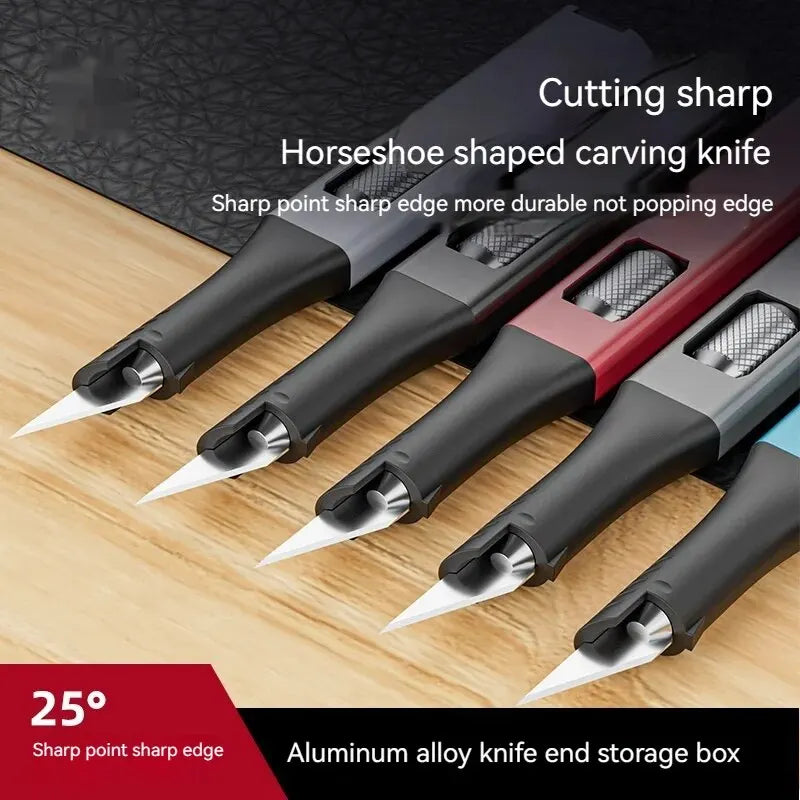 Cuchillo para trinchar con mango de aluminio en forma de bolígrafo, incluye 5 hojas con diseño de herradura que puedes reemplazar tú mismo.