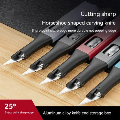 Cuchillo para trinchar con mango de aluminio en forma de bolígrafo, incluye 5 hojas con diseño de herradura que puedes reemplazar tú mismo.