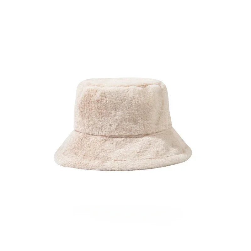 Winter Rabbit Plush Fisherman Hats for Women Girl Bucket Hat Windproof Leopard Soft Faux Fur Wide Brim Lady Women Artist Cap