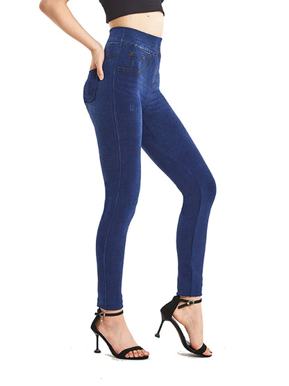 Visnxgi elástico cor sólida plus size jeggings moda jeans falsos feminino apertado sem costura bolso leggings calças lápis macias