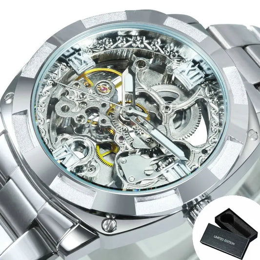 Forsining Square Skeleton Mechanical Watches Luxury Engraved Movement Retro Automatic Watch for Men Steel Strap Luminous Hands