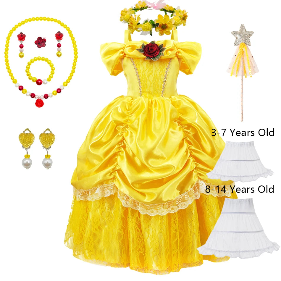Kids Belle Cosplay Party Princess Dress Beauty Beast Princess Clothes Halloween Event Festival Party Flowers Print Costume