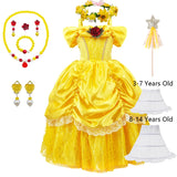 Kids Belle Cosplay Party Princess Dress Beauty Beast Princess Clothes Halloween Event Festival Party Flowers Print Costume