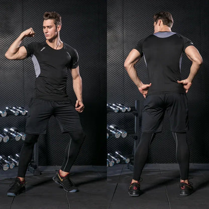 Conjunto de ropa deportiva de compresión Rashguard para hombre, mallas para correr, gimnasio, entrenamiento, camiseta, cortavientos y leggings 
