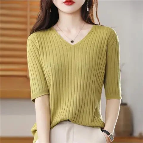 2023 New Spring Summer New Women's V-neck Short-Sleeved Exquisite Cashmere Knitted Sweater Pullover Solid Color