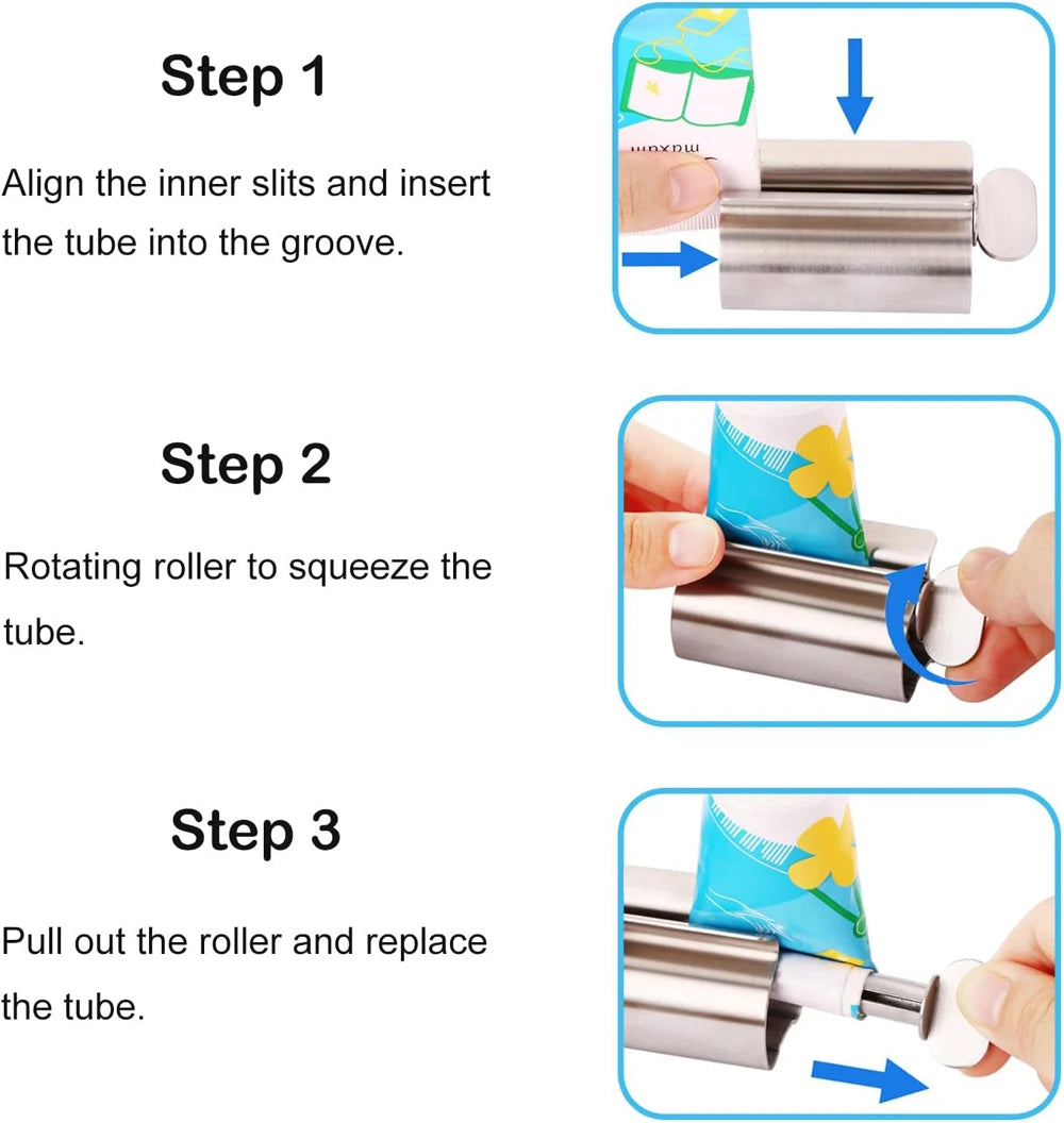 Accesorios de baño Exprimidor de pasta de dientes con rodillo de acero inoxidable, dispensador giratorio para ungüentos y cosméticos