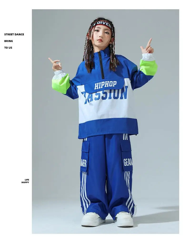 Boys Hip Hop Pullover Street Dance Cargo Pants Girls High Collar Sweatshirt Outfits Kids Jazz Sport Clothes Set Child Streetwear