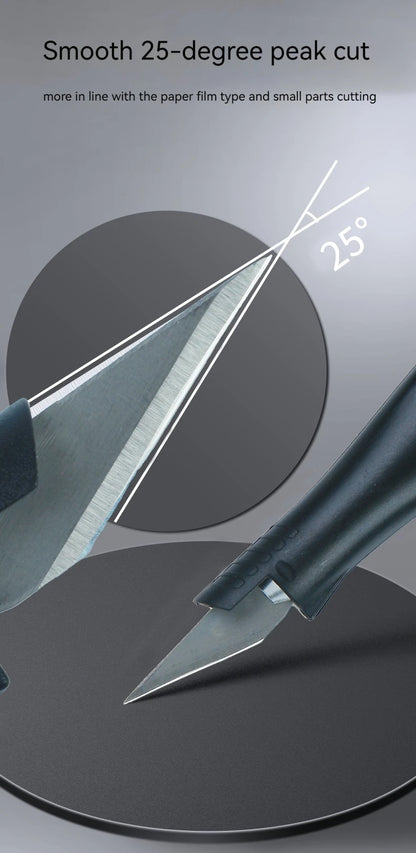 Cuchillo para trinchar con mango de aluminio en forma de bolígrafo, incluye 5 hojas con diseño de herradura que puedes reemplazar tú mismo.