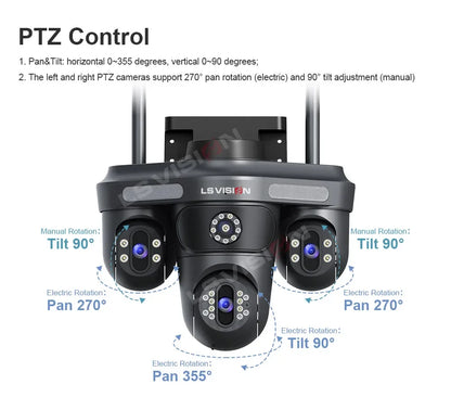 LS VISION 15MP Three Screen WiFi Camera Outdoor Three 360°Rotation PTZ IP Camera Human Auto Tracking Video Surveillance Cam CCTV