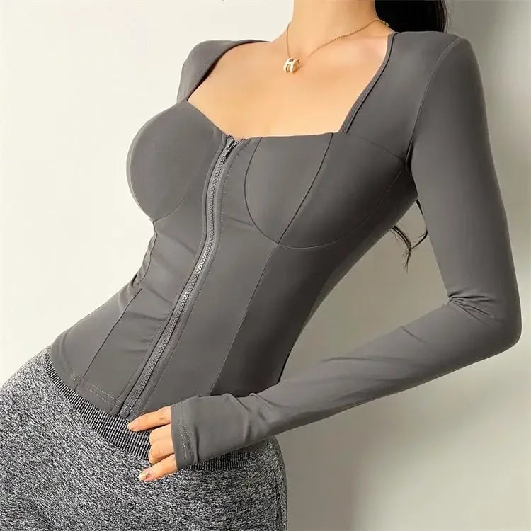 Chaqueta deportiva sexy de manga larga con almohadilla para el pecho, ajustada, para mujer, para yoga, running y fitness, para otoño, zapatillas de entrenamiento Nike Airbag.