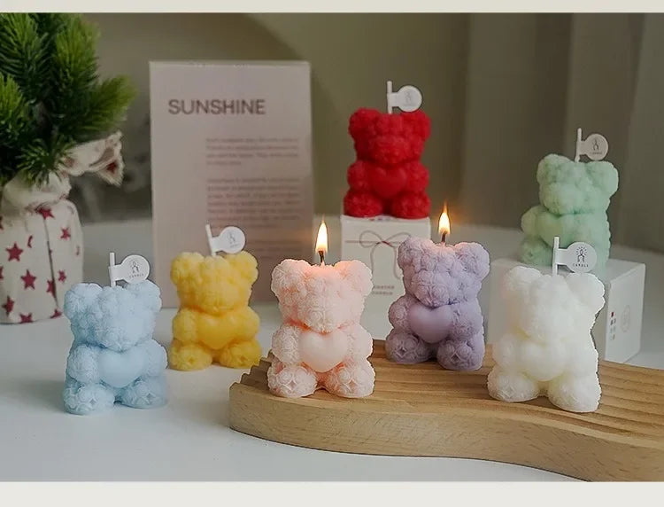 Cute Rose Bear Candle Romantic Cute Soy Wax Aromatherapy Small Scented Relaxing Birthday Wedding Party Gift Home Decor