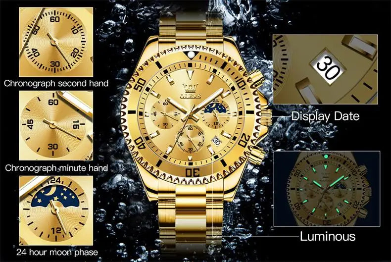 OLEVS 2870 Men's Watch Top Brand Luxury Watch for Men Original Waterproof Stainless Steel Chronograph Moon Phase Date Rota Dial