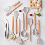 Juego de utensilios de cocina con mango de madera de silicona multicolor, espátula y cuchara antiadherente, utensilios de cocina, resistentes al calor, 12 Uds.