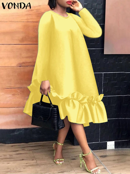 Plus Size 5XL VONDA Women Elegant Midi Dress 2024 Bohemian Printed Sundress Autumn Long Sleeve Casual Loose Robe Femme Vestidos