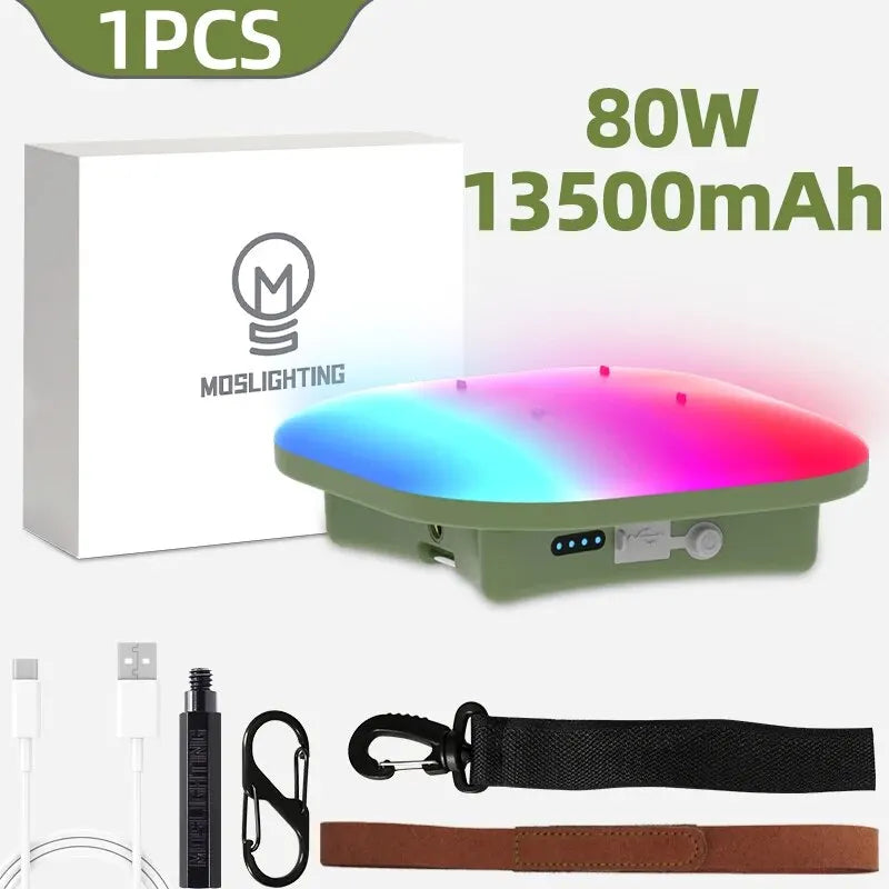 Linterna de camping recargable, luz inteligente, control Bluetooth mediante aplicación Tuya, sincronización de música, iluminación LED RGB para tienda de campaña, 13500 mAh, exterior, 80 W