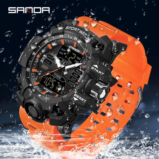 Reloj electrónico SANDA de lujo estilo G para hombre, deportivo al aire libre, LED, analógico, digital, cronógrafo, militar, pantalla dual, resistente al agua hasta 50 m.