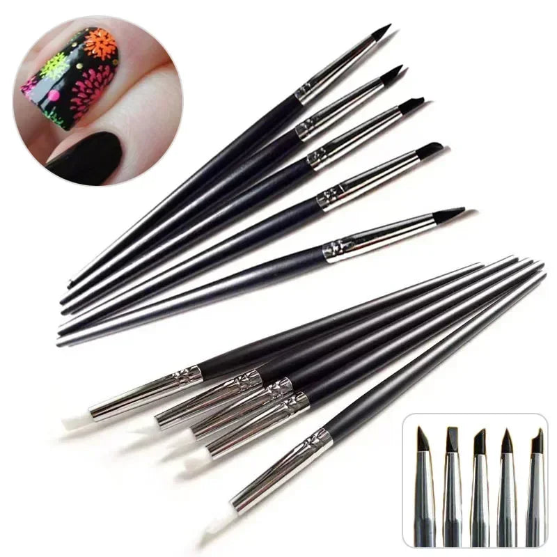 Juego de 5 pinceles de silicona para decoración de uñas, punta de esmalte de gel UV, imagen 3D, pinceles para punteado, herramienta de manicura DIY