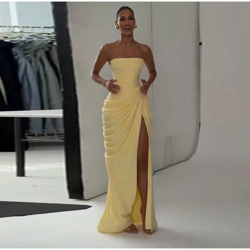 Sexy Solid Pleated Strapless Dress Lady Chic Off-shoulder Backless High Waist Split Dresses Women 2026 New Evening Party Gown