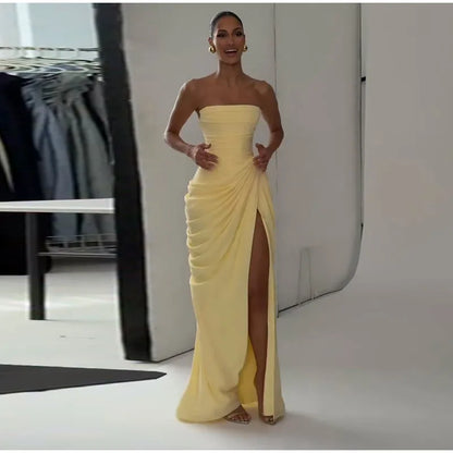 Sexy Solid Pleated Strapless Dress Lady Chic Off-shoulder Backless High Waist Split Dresses Women 2026 New Evening Party Gown