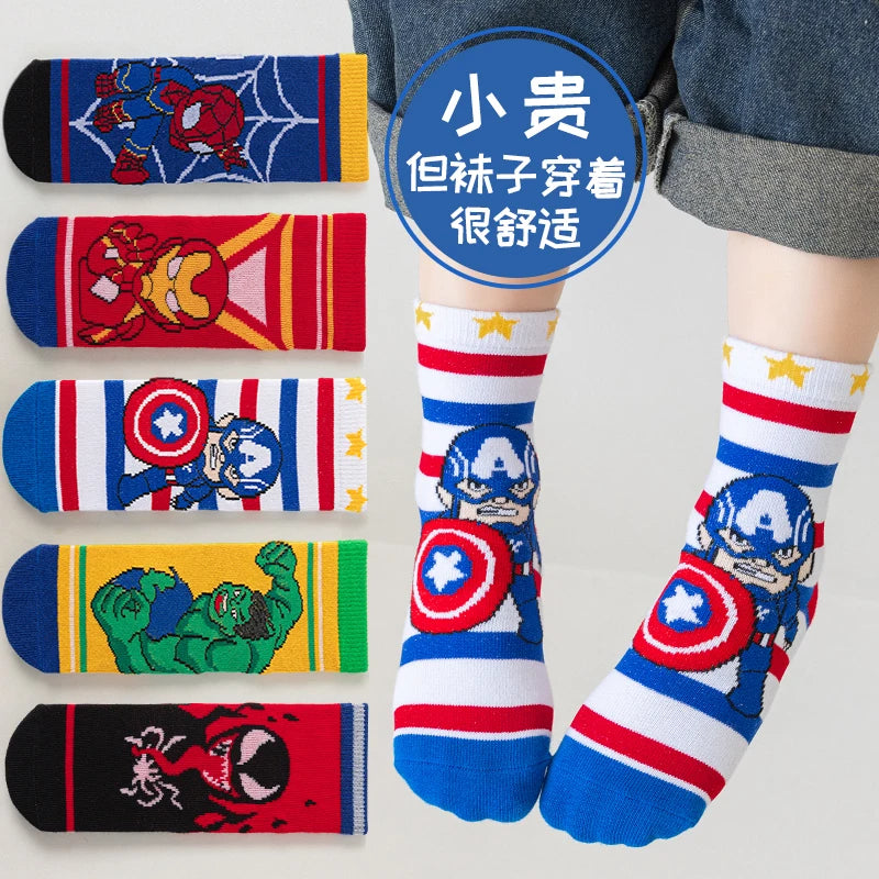 5 Pairs Children Socks Cartoon Spiderman Boy's Socks Spring Autumn Middle Tube sock Cotton Cute Kids Socks Size 1-12 Year