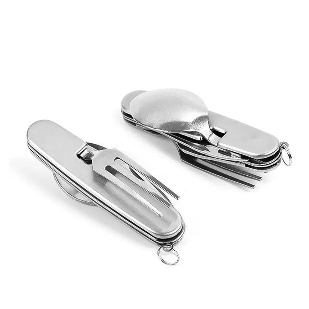 Outdoor Tableware Set Spoon Fork Knife Bottle Opener Stainless Steel 4 in 1 Foldable Camping Cutlery Set Picnic Utensil Set