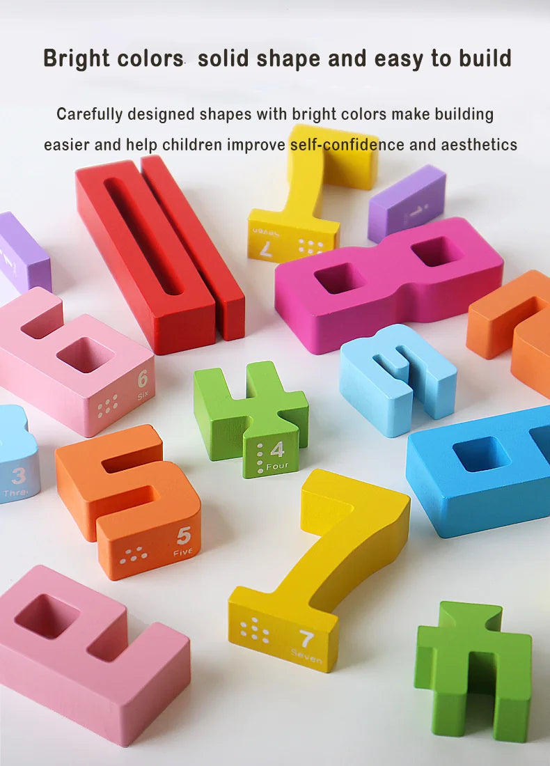 Wooden educational digital blocks, creative puzzles, stacking toys, fun brain teasers, early education topics, Montessori style